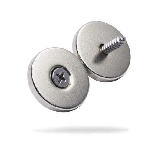 Two Magnetic Hanging Hardware screw cover caps with cross-shaped slots, one inverted to show the screw on a white background, designed for magnet wall installation.