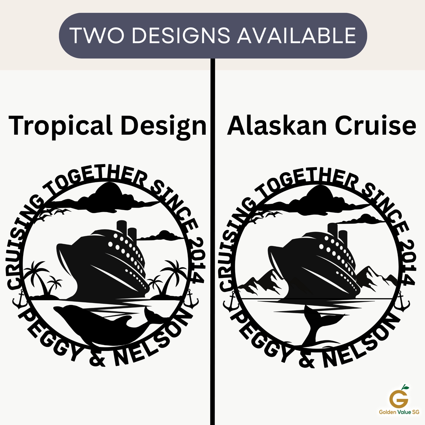 Personalized Cruise Couples Metal Wall Art - Tropical Cruise features two circular cruise-themed logos: one with palm trees and a dolphin, another with an Alaskan landscape—ideal as a customizable or personalized metal sign.