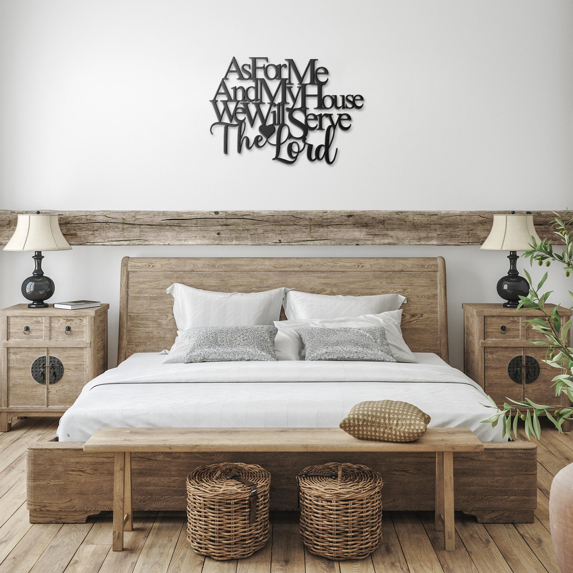 The "As for Me and My House, We Will Serve the Lord Christian Metal Art" features black text on a white background that reads, "As For Me And My House We Will Serve The Lord," with a heart shape incorporated into the word "Lord." Crafted from 18 gauge steel, this elegant metal sign makes a perfect piece of home decor.