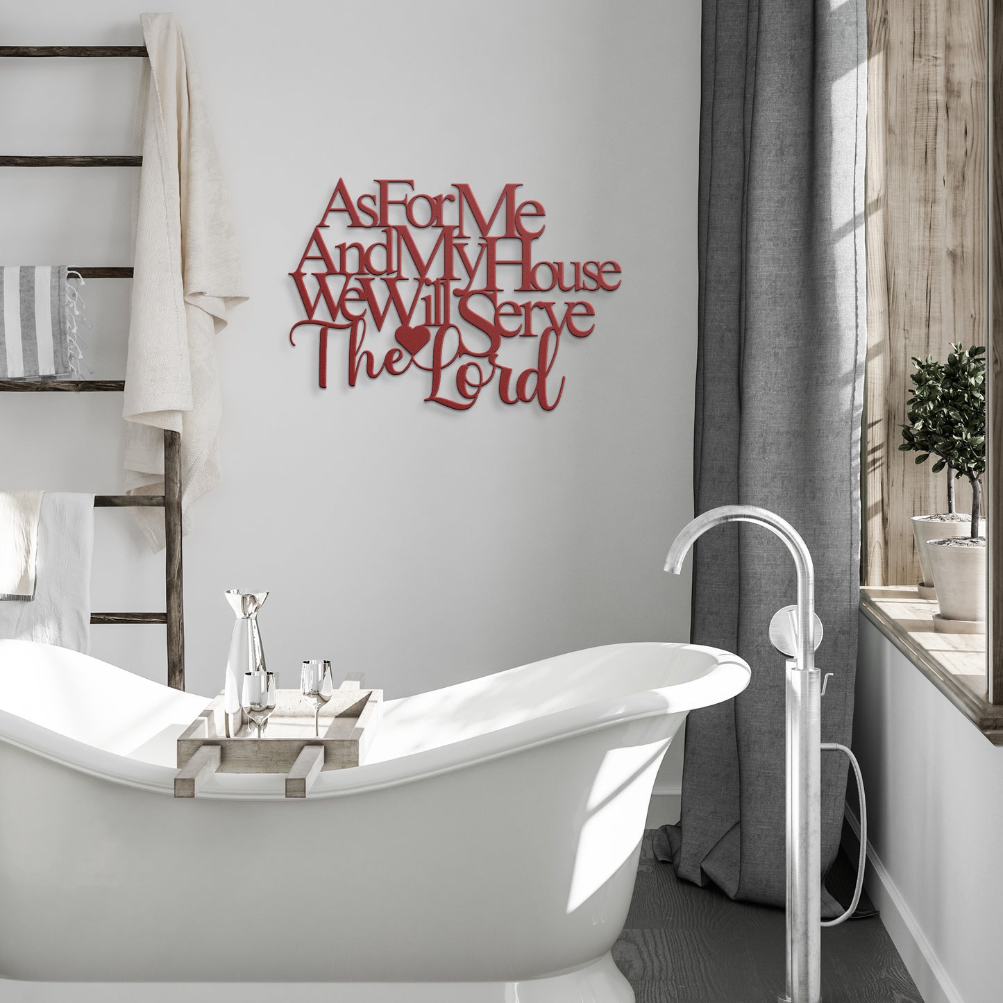 The "As for Me and My House, We Will Serve the Lord Christian Metal Art" features black text on a white background that reads, "As For Me And My House We Will Serve The Lord," with a heart shape incorporated into the word "Lord." Crafted from 18 gauge steel, this elegant metal sign makes a perfect piece of home decor.