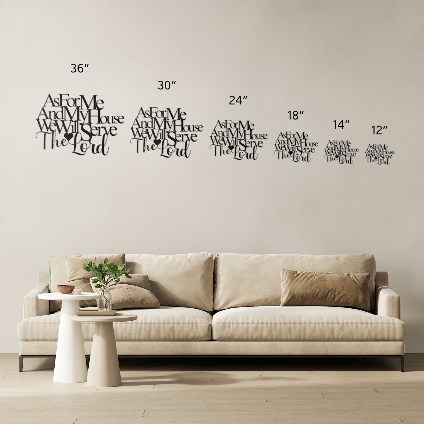 The "As for Me and My House, We Will Serve the Lord Christian Metal Art" features black text on a white background that reads, "As For Me And My House We Will Serve The Lord," with a heart shape incorporated into the word "Lord." Crafted from 18 gauge steel, this elegant metal sign makes a perfect piece of home decor.