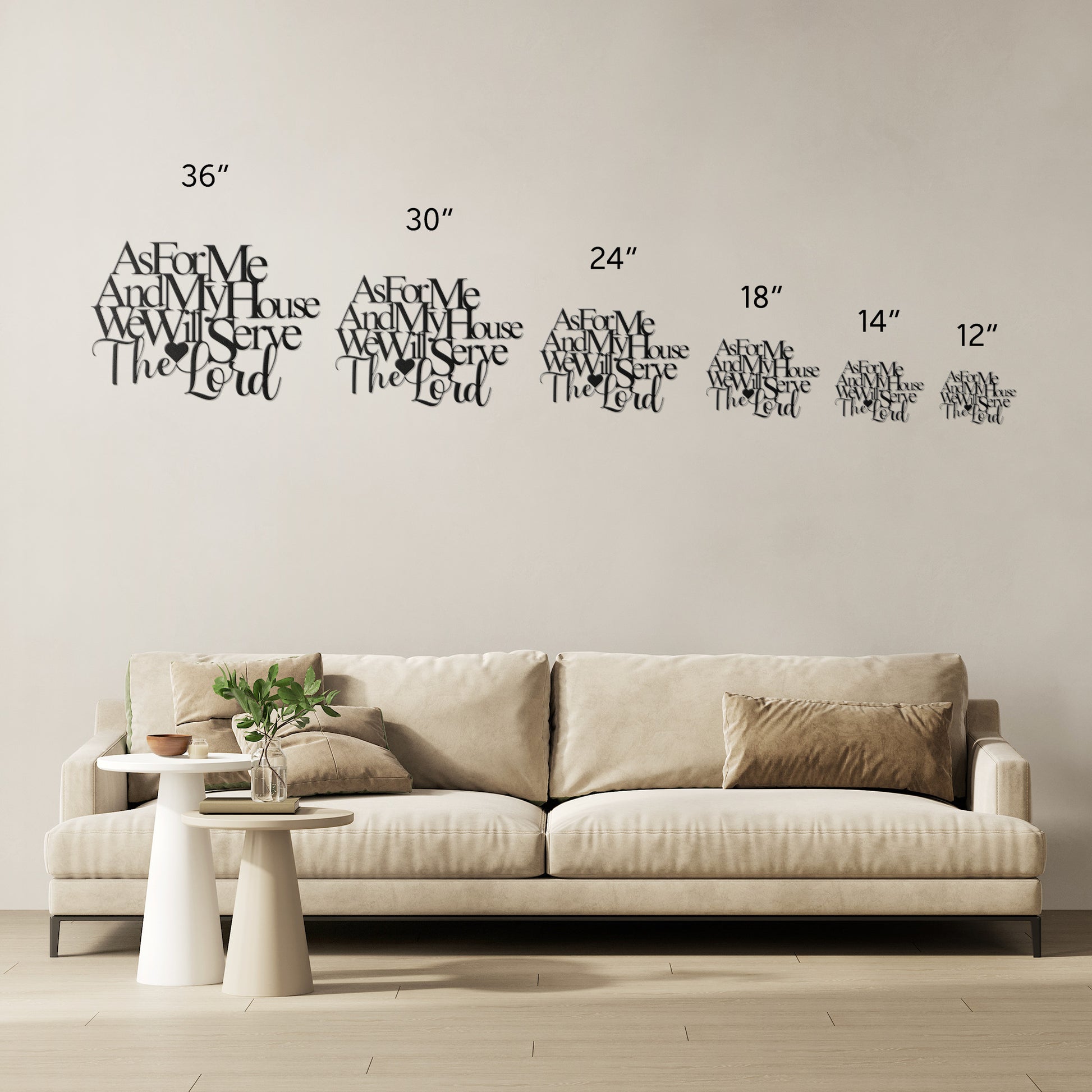 The "As for Me and My House, We Will Serve the Lord Christian Metal Art" features black text on a white background that reads, "As For Me And My House We Will Serve The Lord," with a heart shape incorporated into the word "Lord." Crafted from 18 gauge steel, this elegant metal sign makes a perfect piece of home decor.