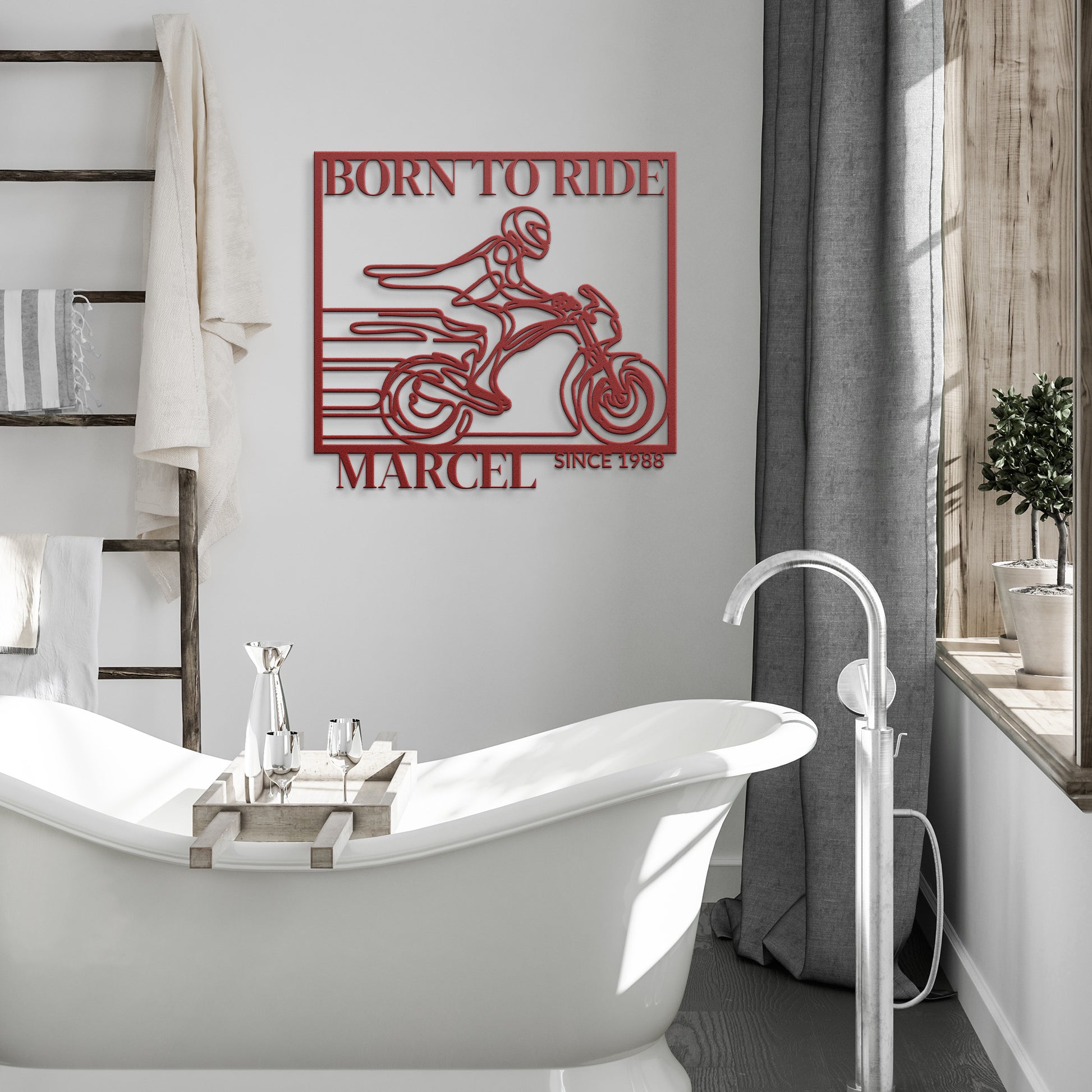 The Biking Metal Line Art, featuring a motorcyclist with the text "Born to Ride Marcel Since 1988," makes for a stunning home decor piece. Crafted from durable 18 gauge steel, this metal sign is built to last.