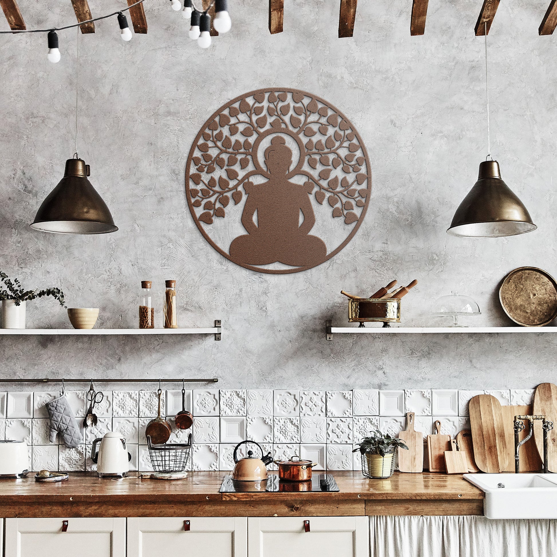 A wooden door with an arched window and brass handle is set in a brick wall. A round, powder-coated metal sign featuring the Buddhist Mandala Metal Art depicting a meditating figure under a tree and a potted plant are next to the door, adding charm to the home decor.