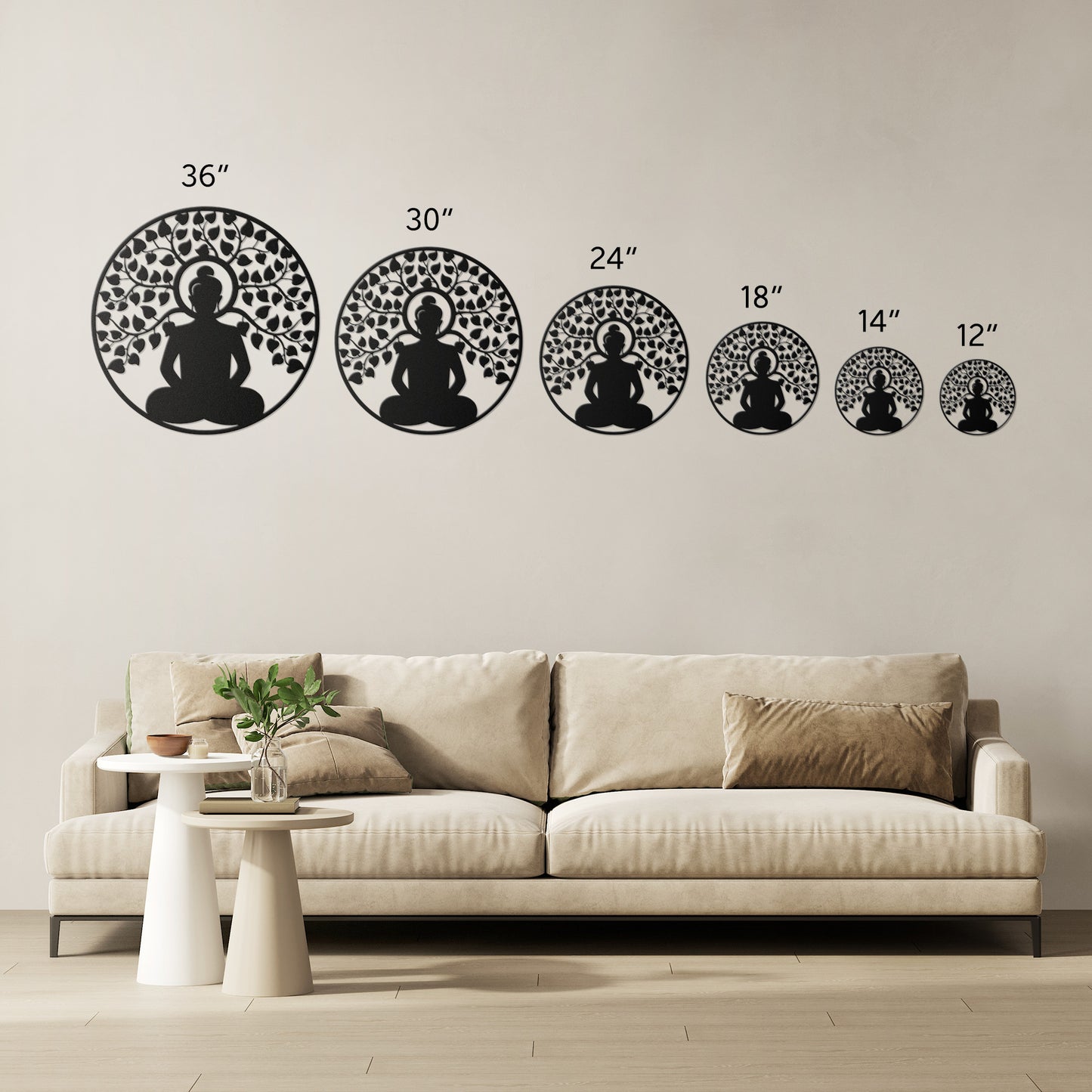 A wooden door with an arched window and brass handle is set in a brick wall. A round, powder-coated metal sign featuring the Buddhist Mandala Metal Art depicting a meditating figure under a tree and a potted plant are next to the door, adding charm to the home decor.