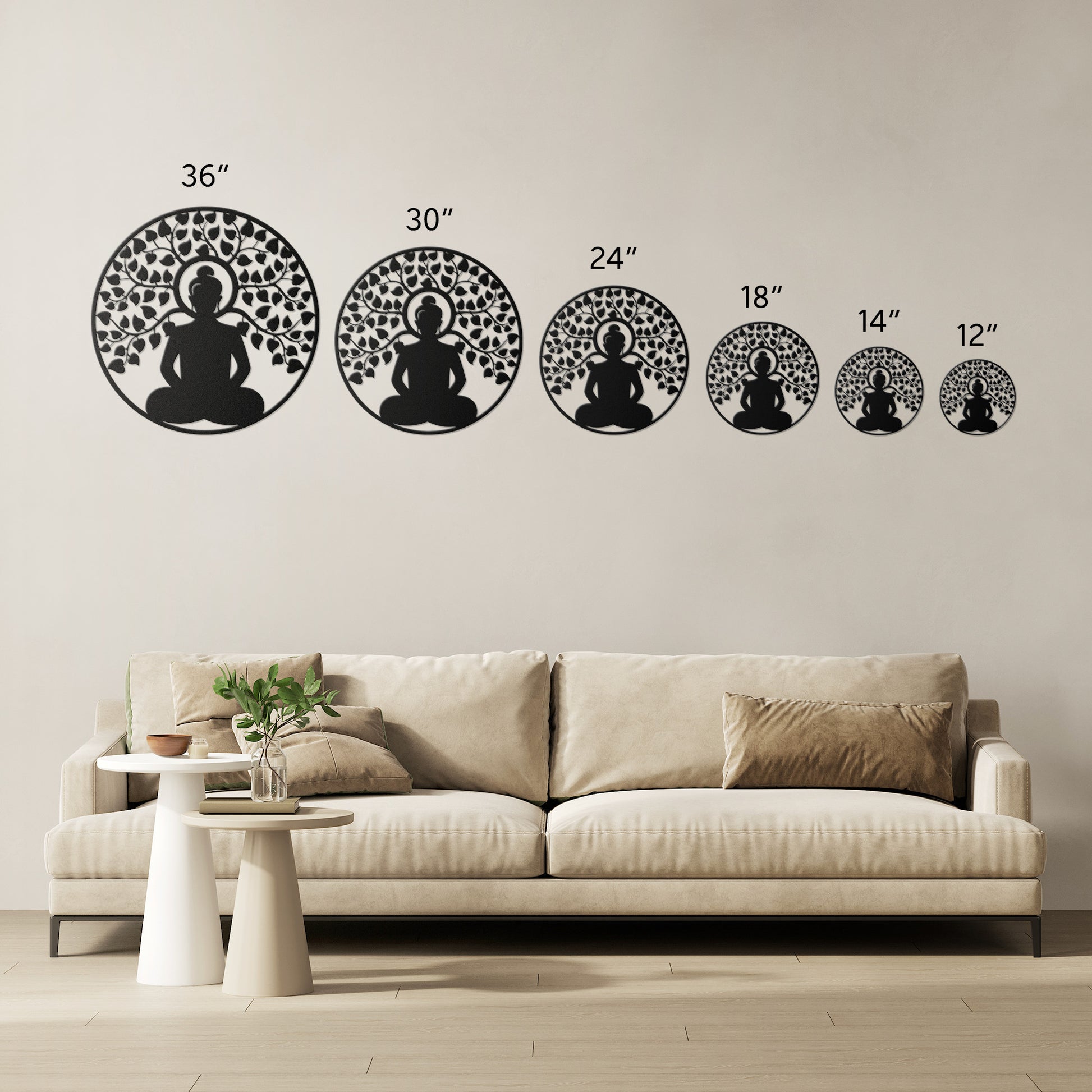 A wooden door with an arched window and brass handle is set in a brick wall. A round, powder-coated metal sign featuring the Buddhist Mandala Metal Art depicting a meditating figure under a tree and a potted plant are next to the door, adding charm to the home decor.