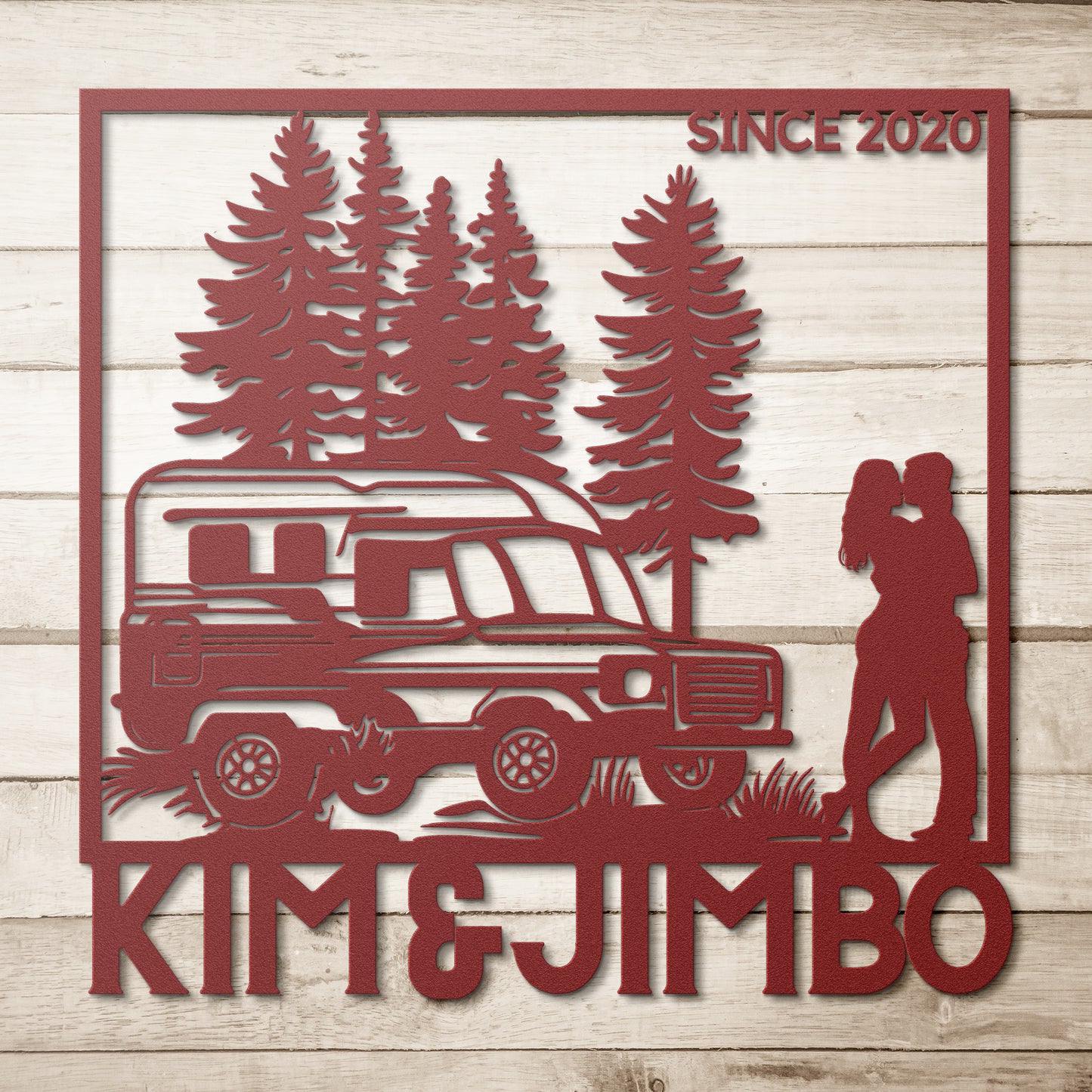 The Camping Couple Metal Art features a silhouette of a camper van, trees, and a couple embracing, with the text "Kim & Jimbo" below and "Since 2020" in the top right corner. This powder-coated metal sign makes for charming home decor.
