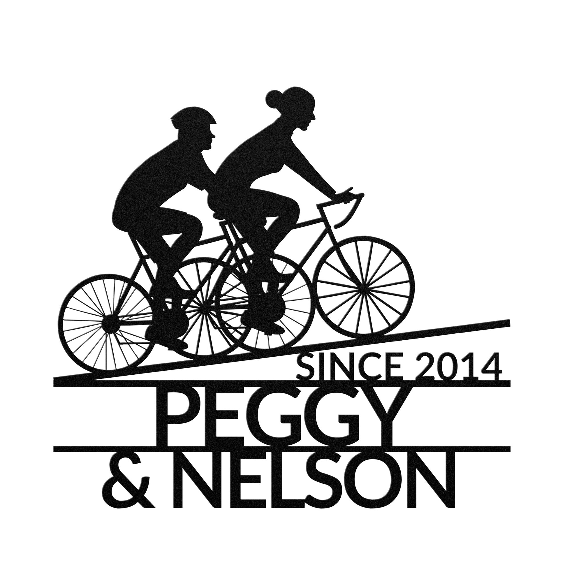 A black silhouette of a couple on a bicycle, perfect for couples who love to cycle together. Personalize this piece with engraved names and year established to create a unique and meaningful teelaunch Personalized Couple Cycling Uphill Metal Wall Art Sign.