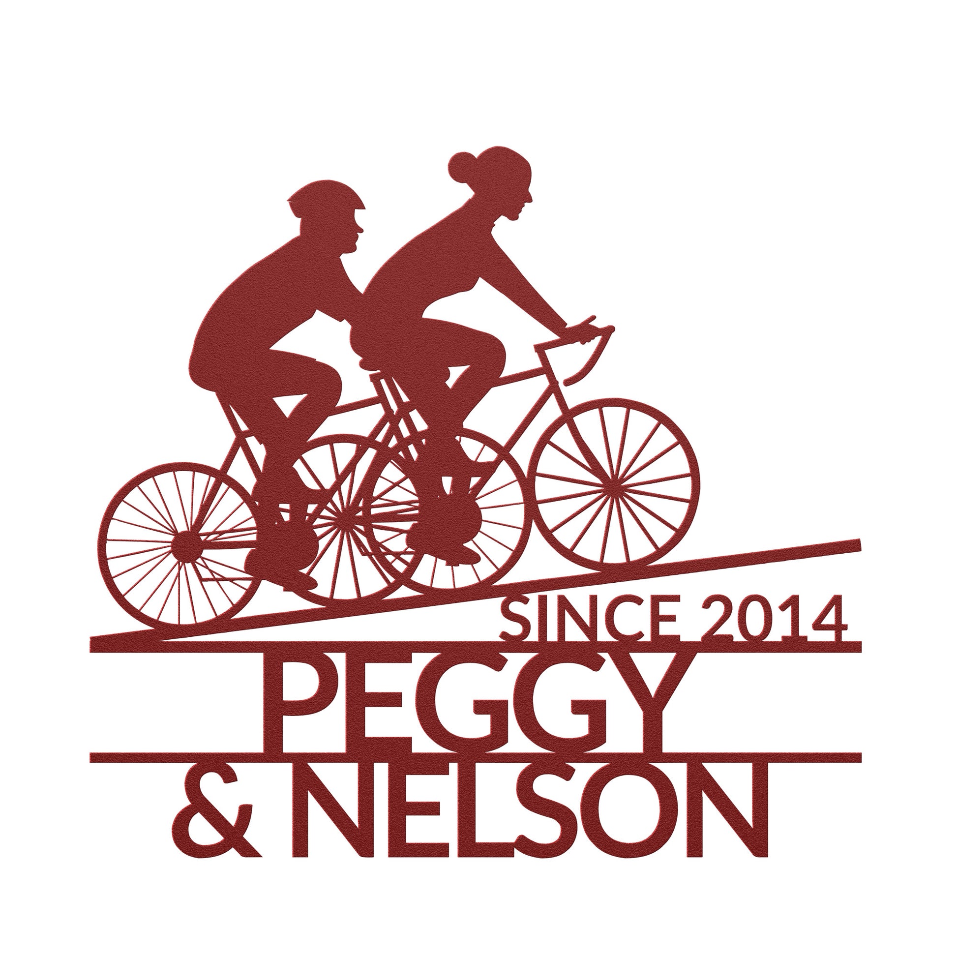 teelaunch's Personalized Couple Cycling Uphill Metal Wall Art Sign with engraved names and year established.