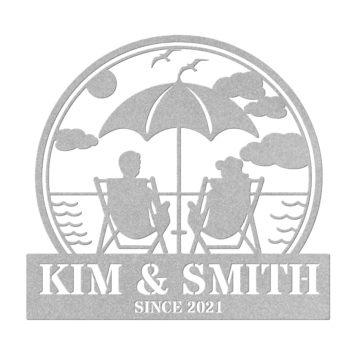 Silhouette image of two people sitting under an umbrella by the sea, with "KIM & SMITH" and "SINCE 2021" text. The Couple Relaxing On The Beach Metal Wall Art is crafted from 18-gauge steel for a stylish, durable decor piece.