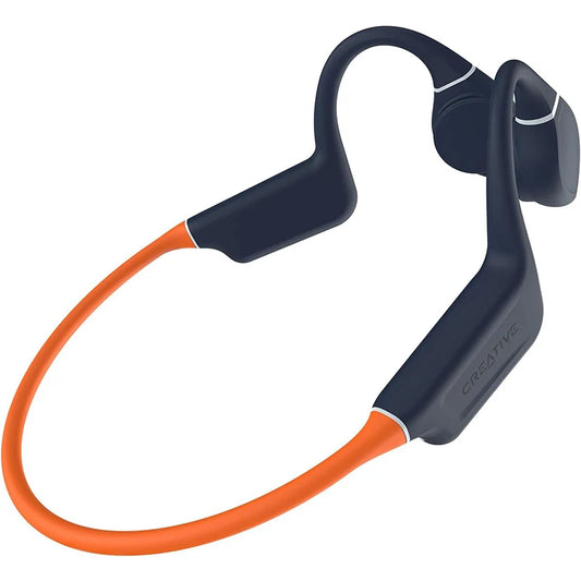 Black and orange Creative Outlier Free Pro+ wireless waterproof bone conduction headphones featuring adjustable transducers, an 8 GB MP3 player, and a built-in mic.