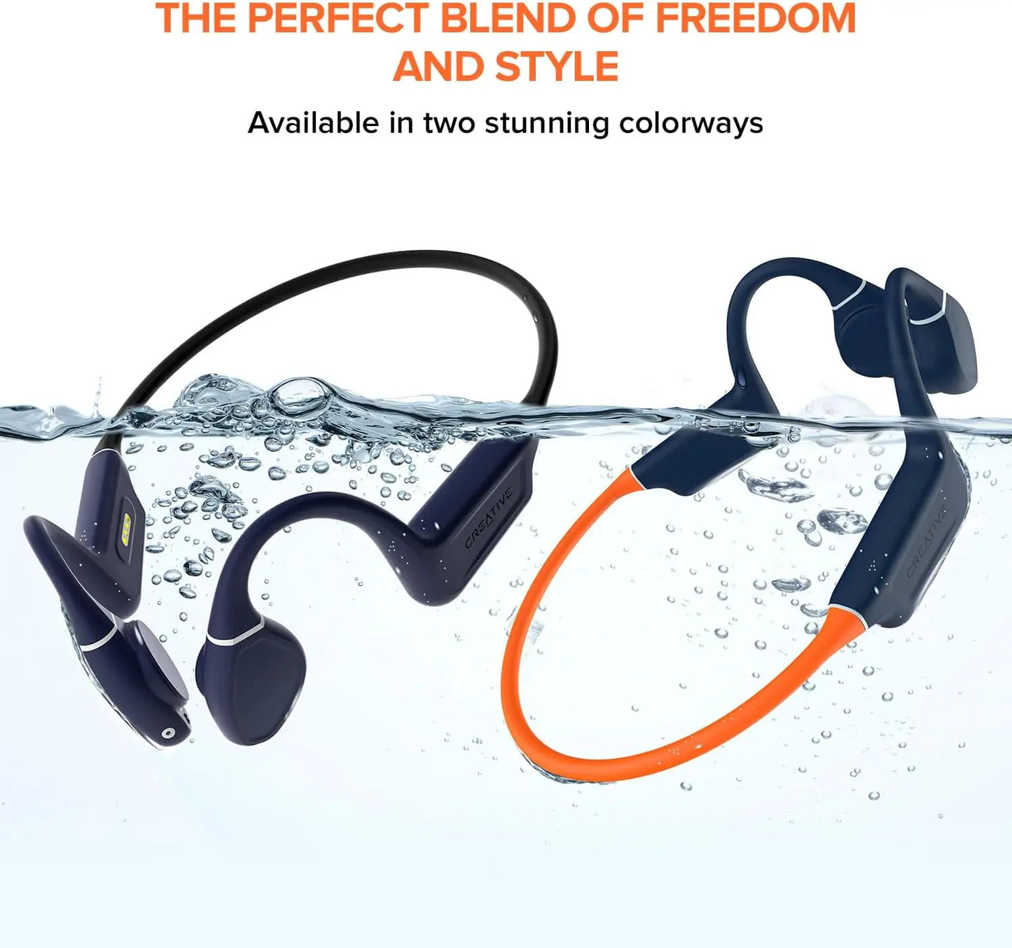 Two Creative Outlier Free Pro+ waterproof headphones, one black and one with an orange band, demonstrate durability and design. They feature bone conduction technology for a comfortable fit and clear sound.