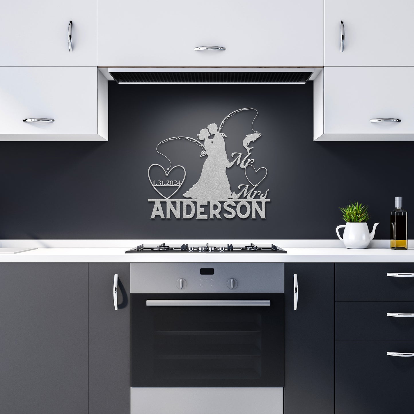 A contemporary kitchen featuring white and gray cabinets, an oven, and the eye-catching Custom Fishing Couple Metal Wall Art with "Mr & Mrs Anderson," dated 18.11.2022, accentuates the black backsplash.