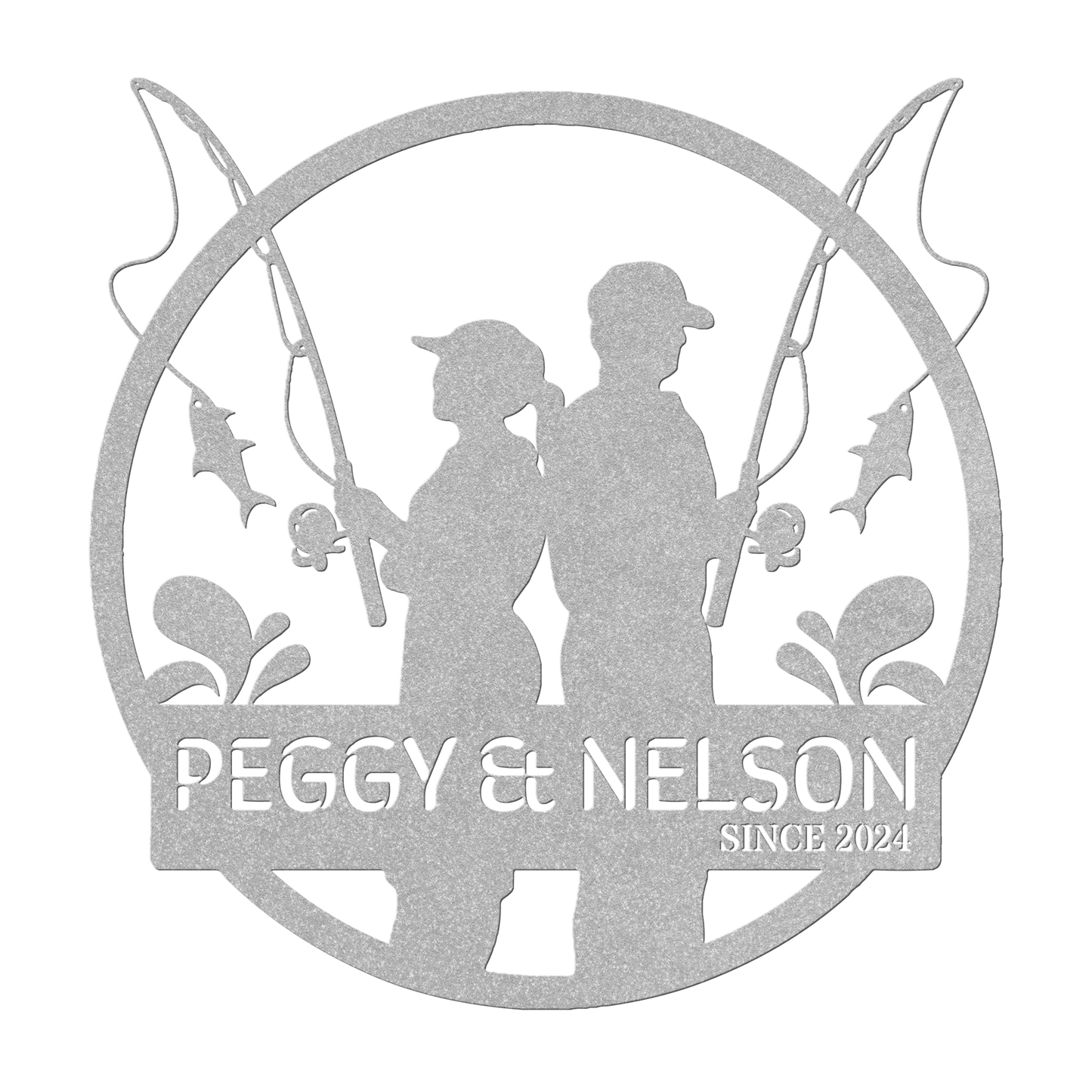 The Custom Fishing Couple Metal Wall Art showcases a back-to-back silhouette of a couple with fishing rods, each holding a fish. It's powder coated for durability and perfect for home decor, featuring the text "Peggy & Nelson Since 2024.
