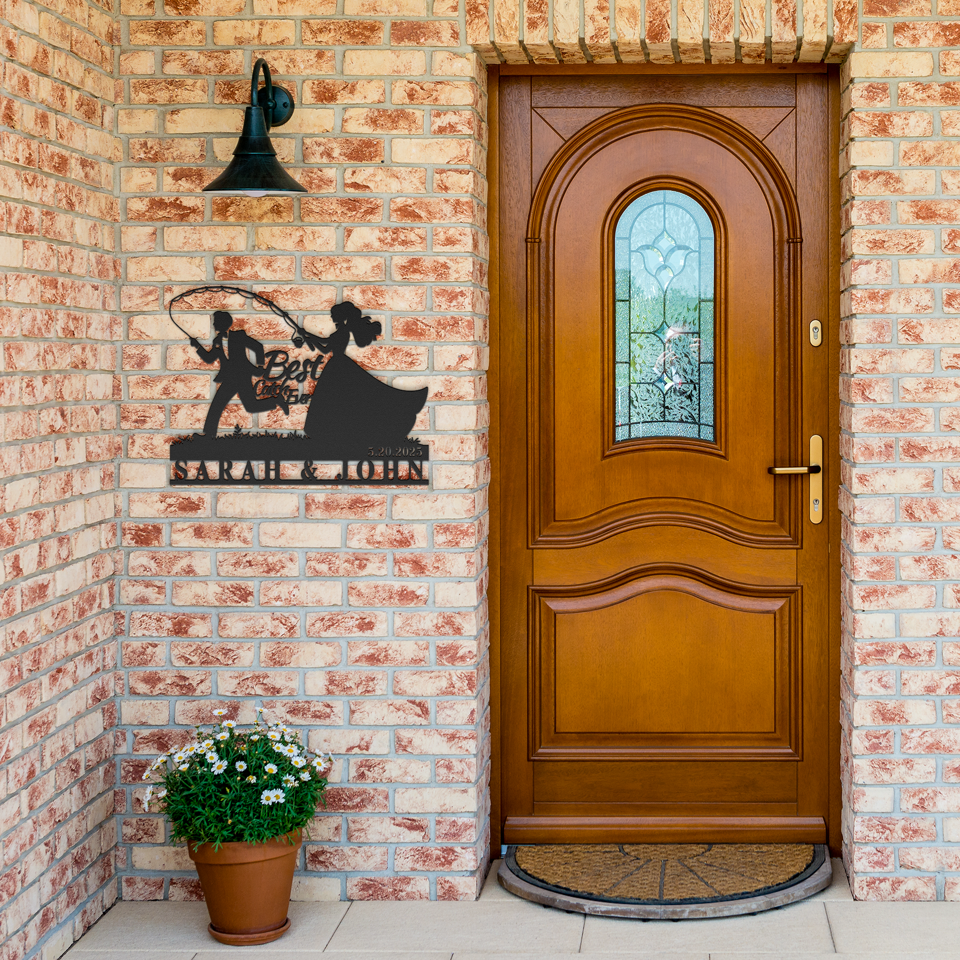 Custom_Fishing_Couple_Wedding_Metal_Sign_Black_Brick_Entrance_Mockup.png