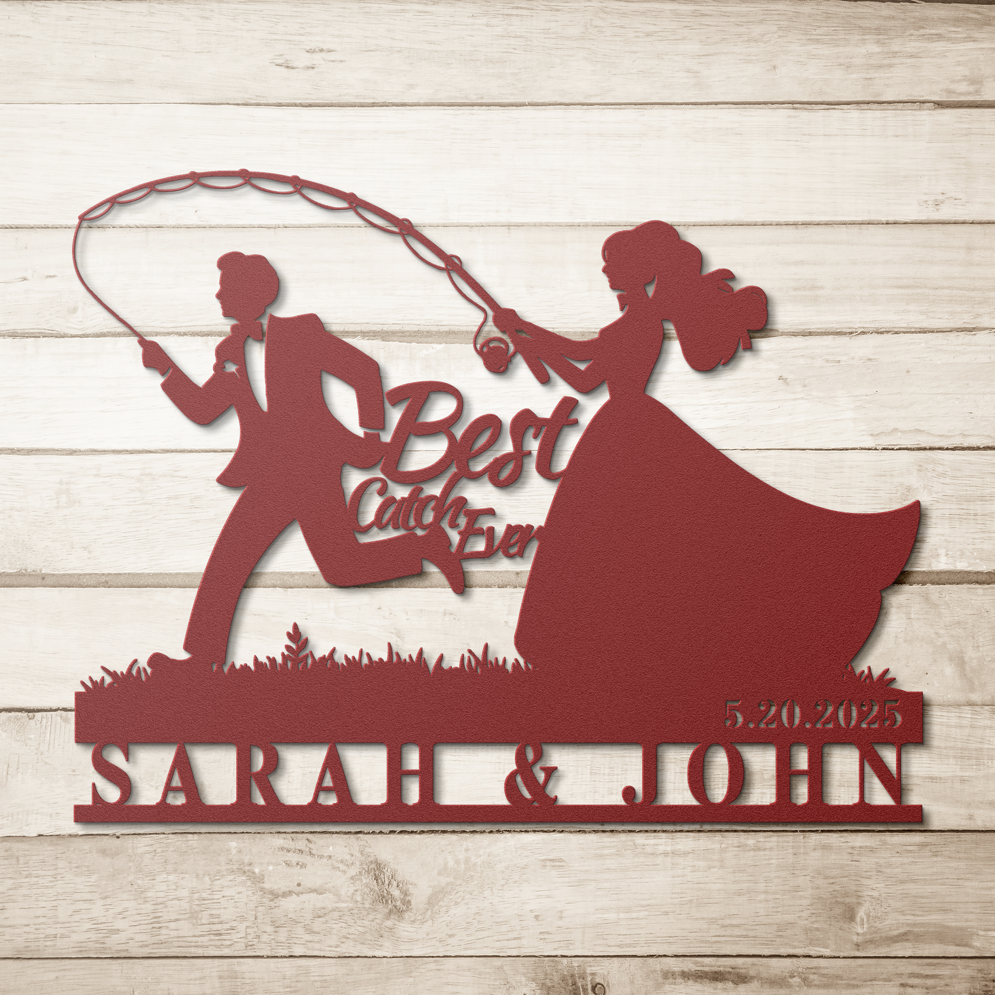 Custom_Fishing_Couple_Wedding_Metal_Sign_Red_Simple_Wood_BKGD_Mockup.png