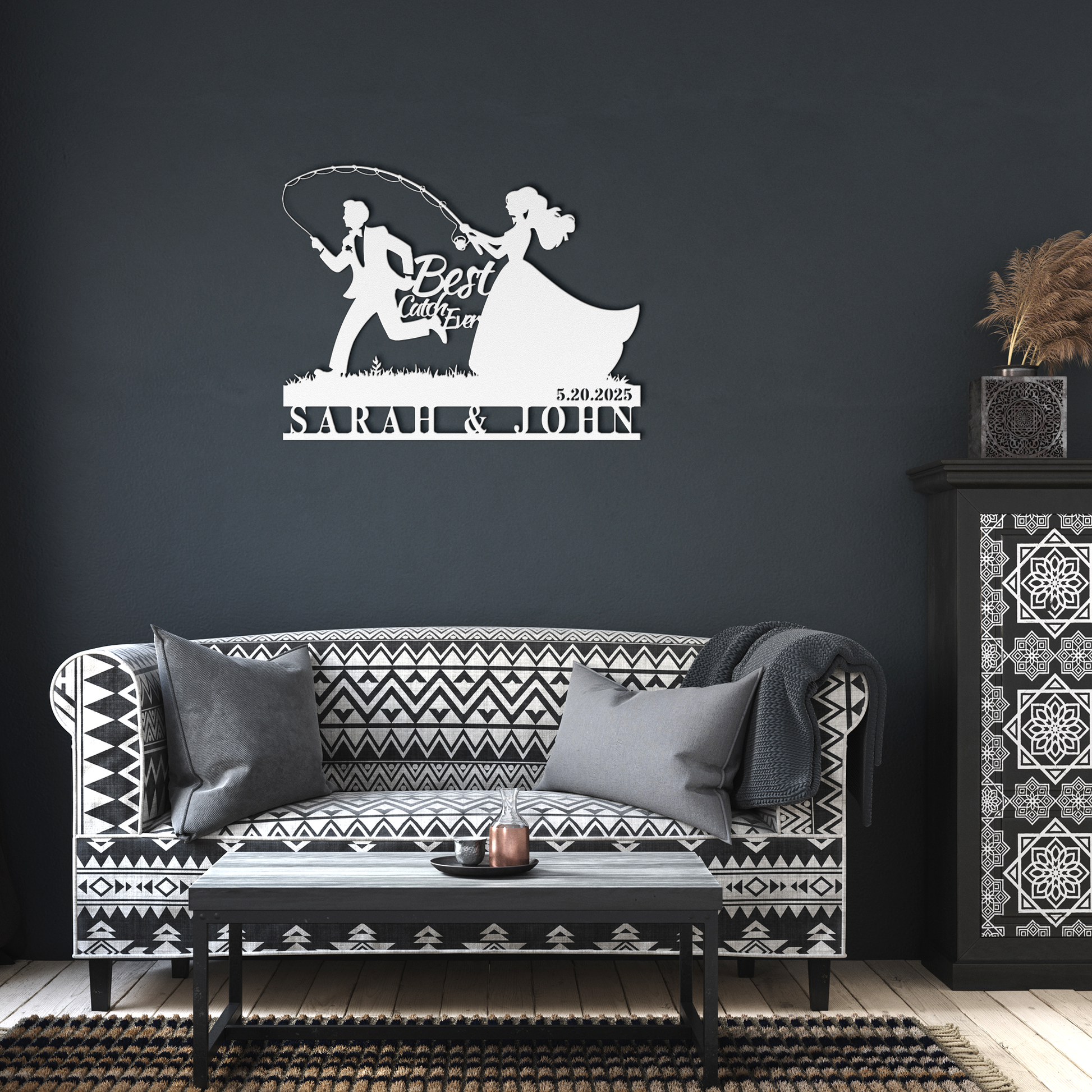Custom_Fishing_Couple_Wedding_Metal_Sign_White_Dark_Living_Room_Mockup.png