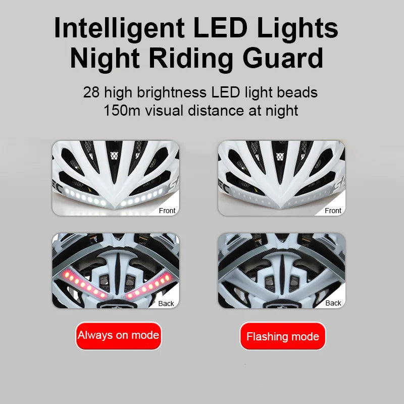 Cycling Helmet Mips Anti-collision Safety Bicycle Helmet Smart Music Bluetooth Bike Helmets Callable Cycling Cap with Led Light with rear red light and front vent, displayed with bonus sunglasses and icons for Bluetooth, call, and music features.