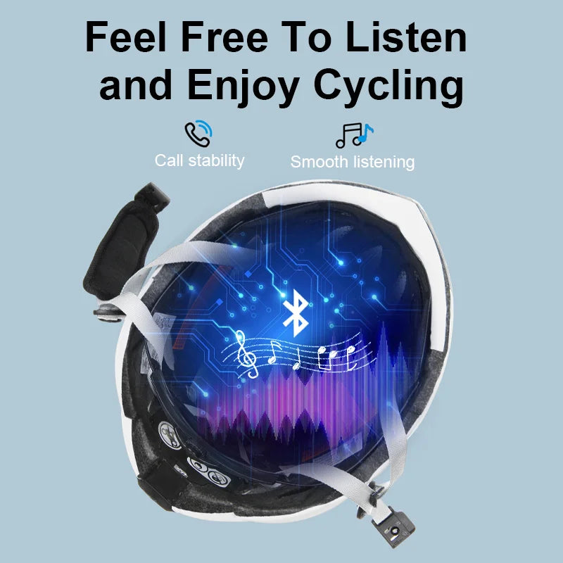 Cycling Helmet Mips Anti-collision Safety Bicycle Helmet Smart Music Bluetooth Bike Helmets Callable Cycling Cap with Led Light with rear red light and front vent, displayed with bonus sunglasses and icons for Bluetooth, call, and music features.
