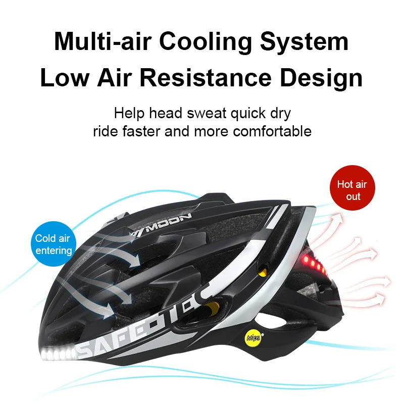 Cycling Helmet Mips Anti-collision Safety Bicycle Helmet Smart Music Bluetooth Bike Helmets Callable Cycling Cap with Led Light with rear red light and front vent, displayed with bonus sunglasses and icons for Bluetooth, call, and music features.