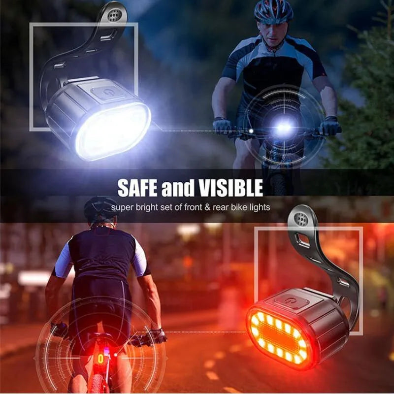 Two Cycling Taillight Headlight Bicycle Lights, one white and one red, displayed with charging cables and mounting straps.