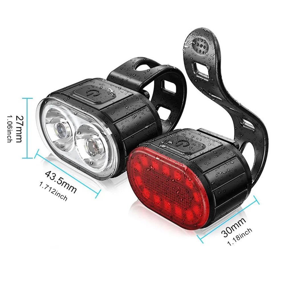 Two Cycling Taillight Headlight Bicycle Lights, one white and one red, displayed with charging cables and mounting straps.