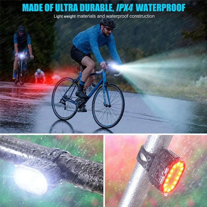 Two Cycling Taillight Headlight Bicycle Lights, one white and one red, displayed with charging cables and mounting straps.