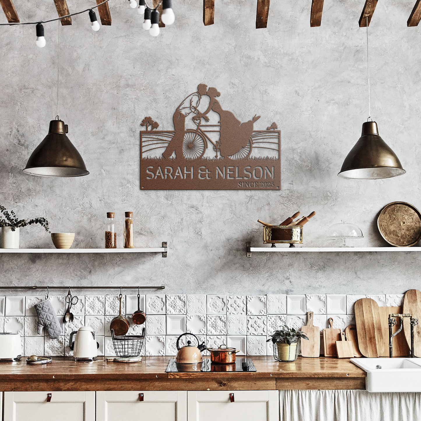 Cycling_Couple_Kissing_Metal_Sign_Copper_Rustic_Kitchen_Mockup.png
