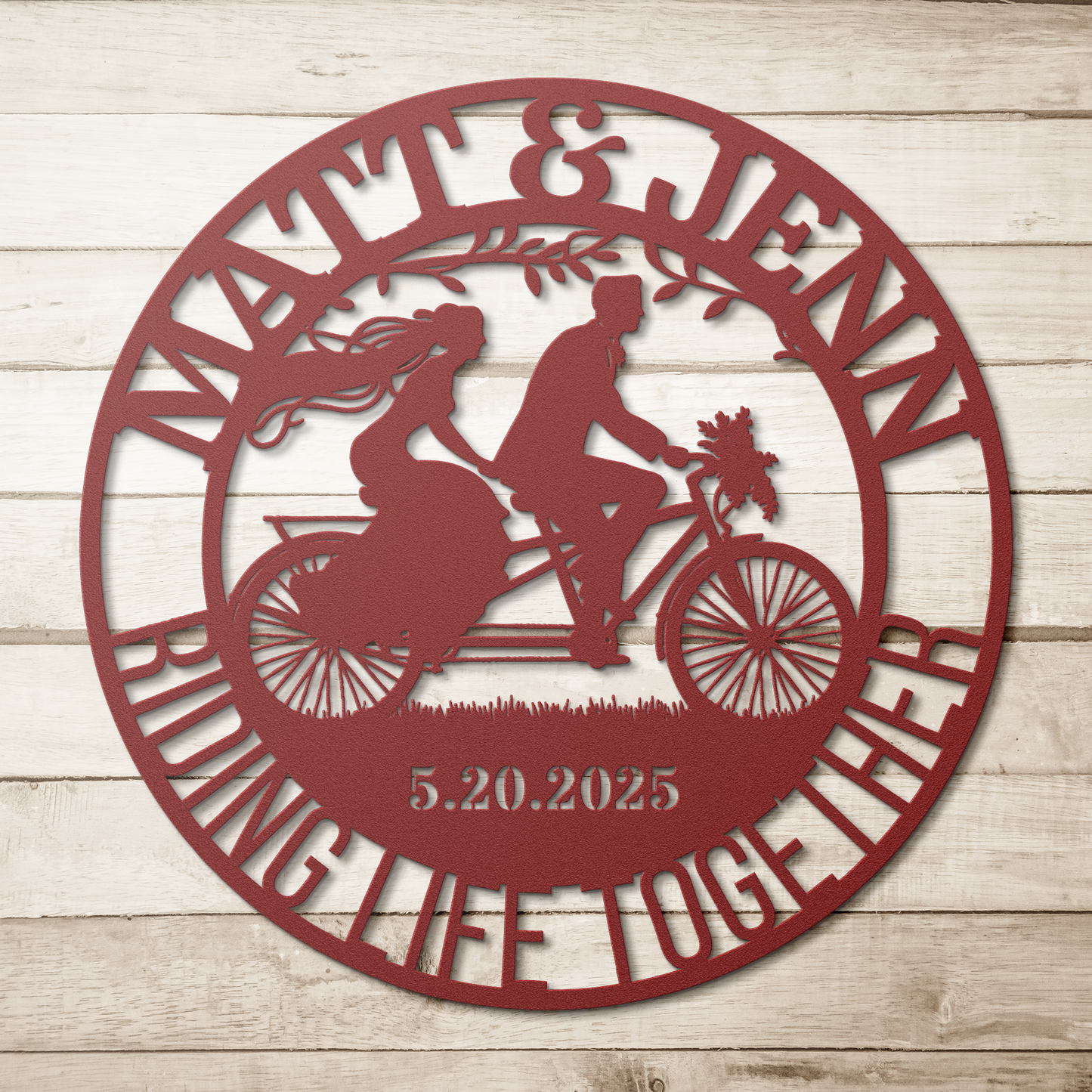 Cycling_Couple_Wedding_Metal_Wall_Art_Red_Simple_Wood_BKGD_Mockup.png