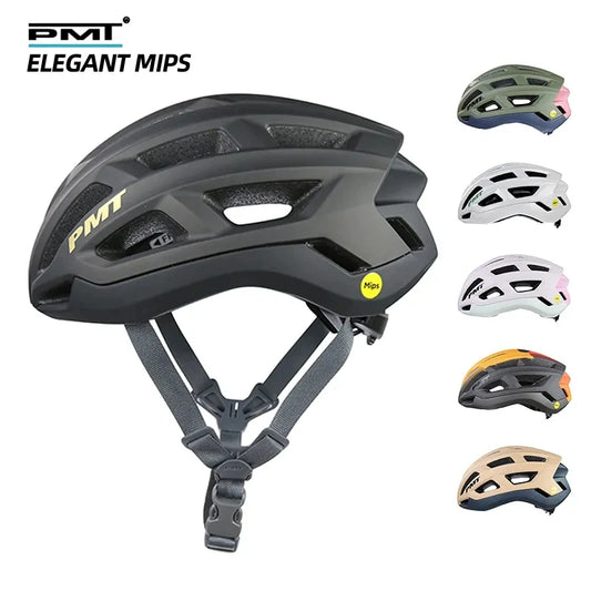 A road bike helmet displayed in multiple colors with a focus on one central Elegant MIPS Safety System Cycling Helmet equipped with straps and MIPS safety system.