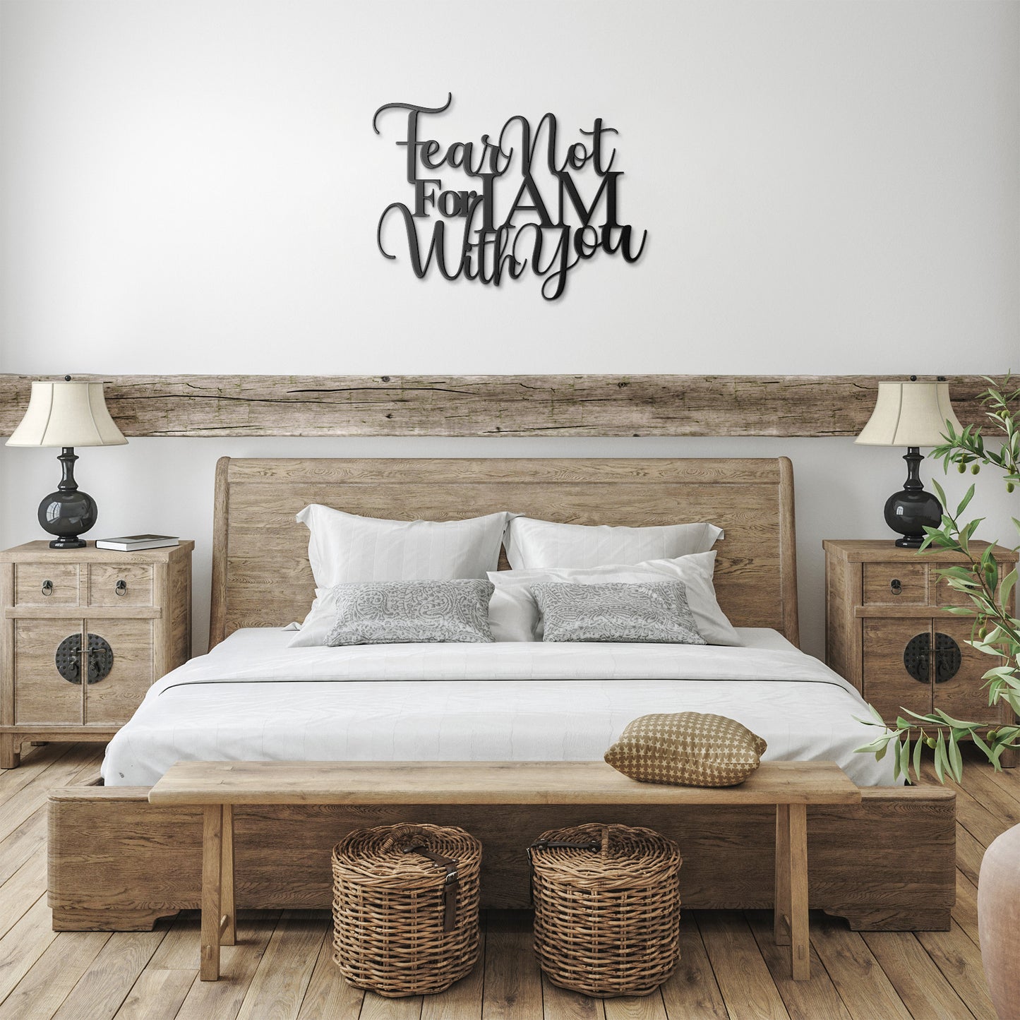 The "Fear Not For I Am With You Christian Metal Art" features an artistic script that reads, "Fear Not For I AM With You," beautifully etched on 18-gauge steel, creating a stunning metal sign for your home decor.