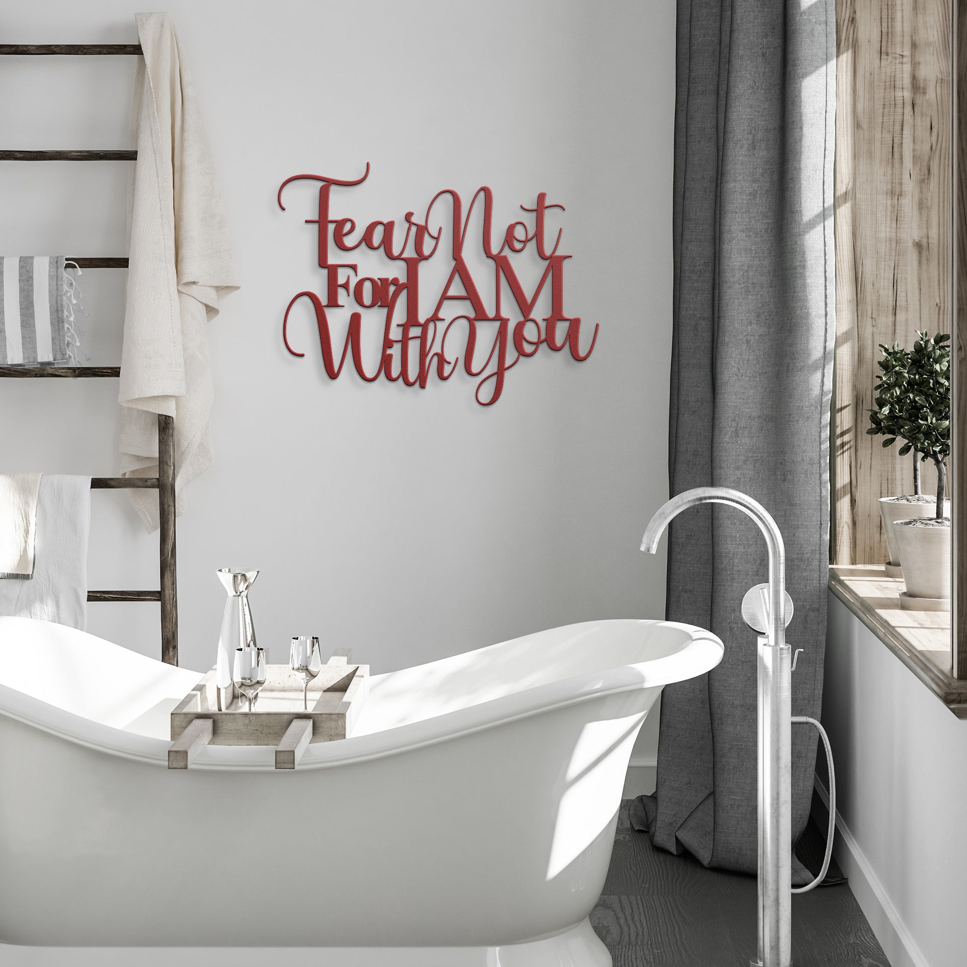 The "Fear Not For I Am With You Christian Metal Art" features an artistic script that reads, "Fear Not For I AM With You," beautifully etched on 18-gauge steel, creating a stunning metal sign for your home decor.