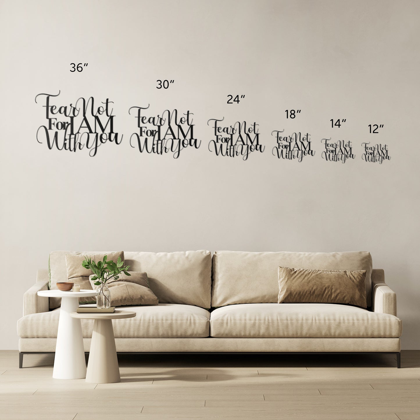The "Fear Not For I Am With You Christian Metal Art" features an artistic script that reads, "Fear Not For I AM With You," beautifully etched on 18-gauge steel, creating a stunning metal sign for your home decor.