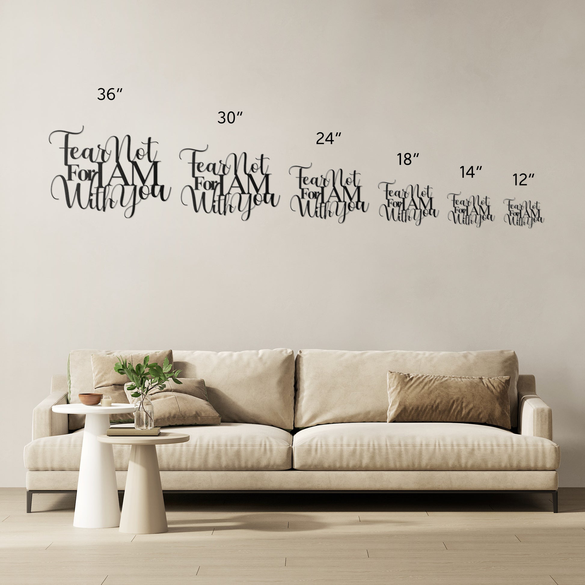 The "Fear Not For I Am With You Christian Metal Art" features an artistic script that reads, "Fear Not For I AM With You," beautifully etched on 18-gauge steel, creating a stunning metal sign for your home decor.