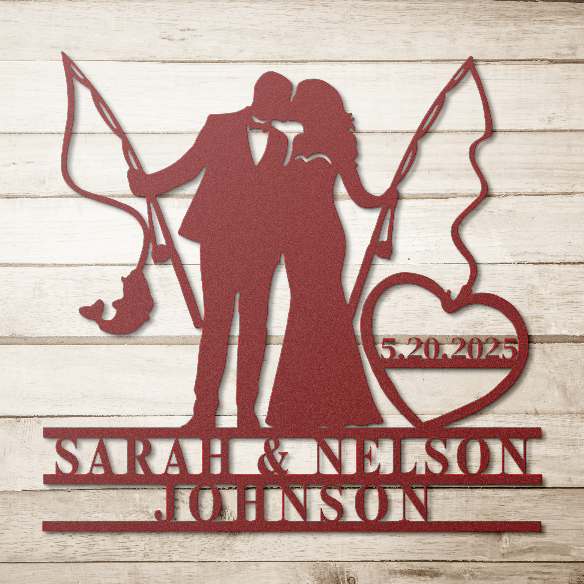 Fishing_Couple_Wedding_Metal_Sign_Red_Simple_Wood_BKGD_Mockup.png