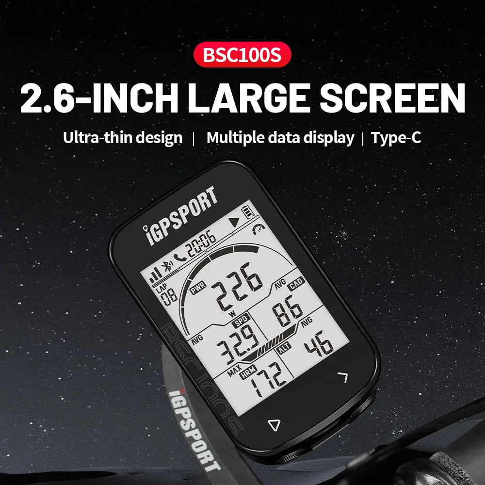 A GPS Bike Computer IGPSPORT BSC100S Cycle Wireless Speedometer displaying cycling metrics such as power, speed, heart rate, and altitude on its screen.
