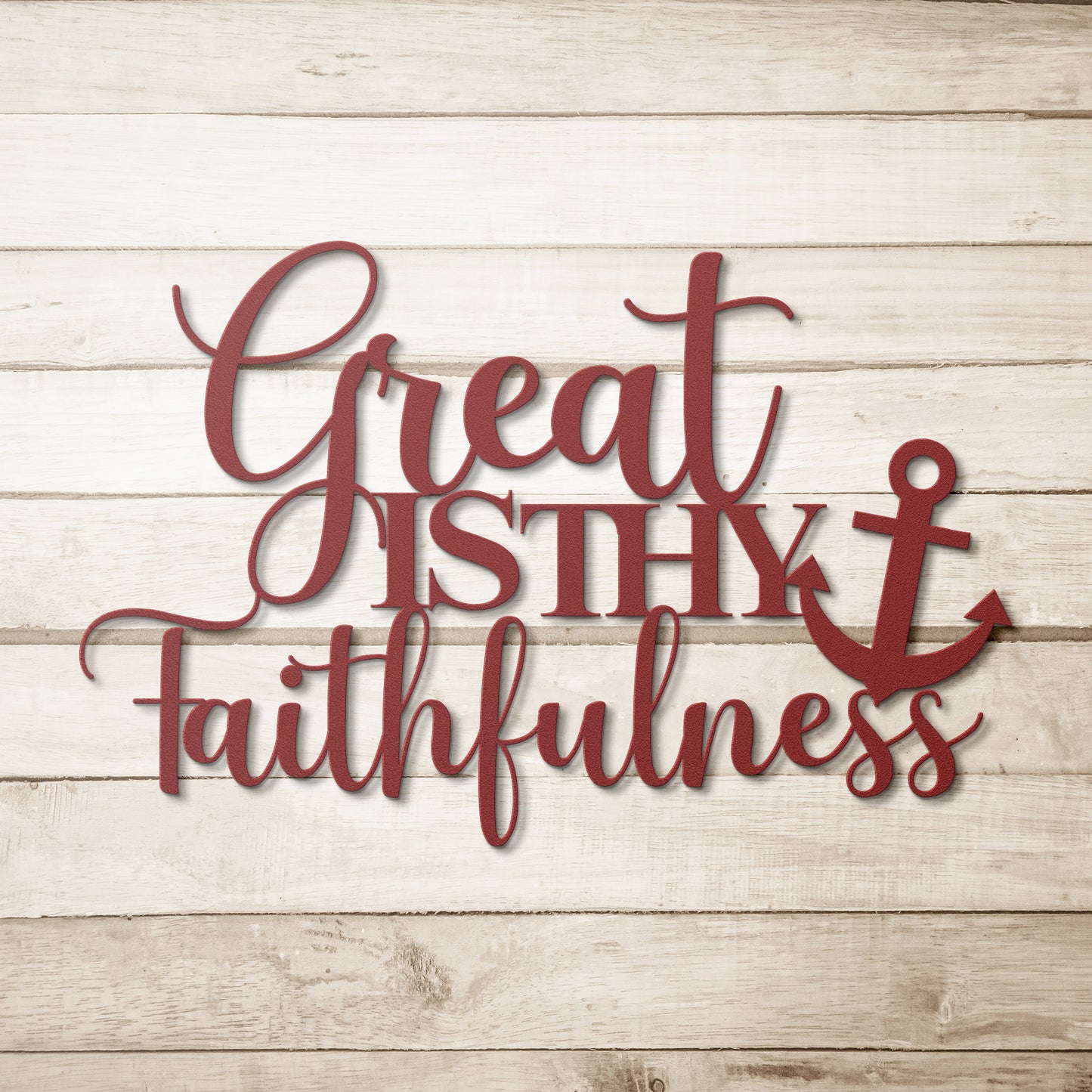 A wooden door with a stained-glass window is set in a brick wall next to an outdoor light fixture. A potted plant with white flowers sits on the floor. The wall features the stylish "Great Is Thy Faithfulness Christian Metal Art" sign.