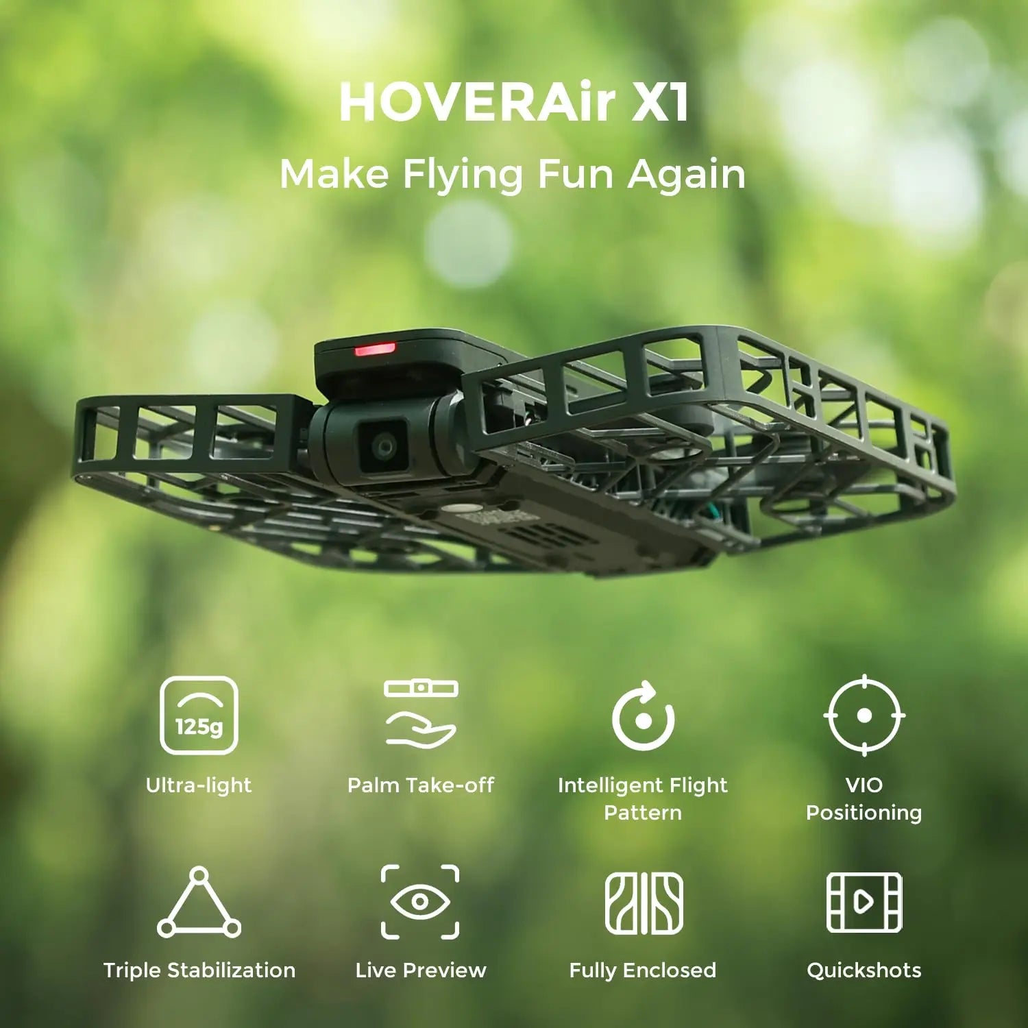 A compact white HOVERAir X1 Flying Camera Intelligent Automatic follow-up Selfie Drone 2.7K Mini Action Camera with an enclosed design resting on an open human hand against a white background.