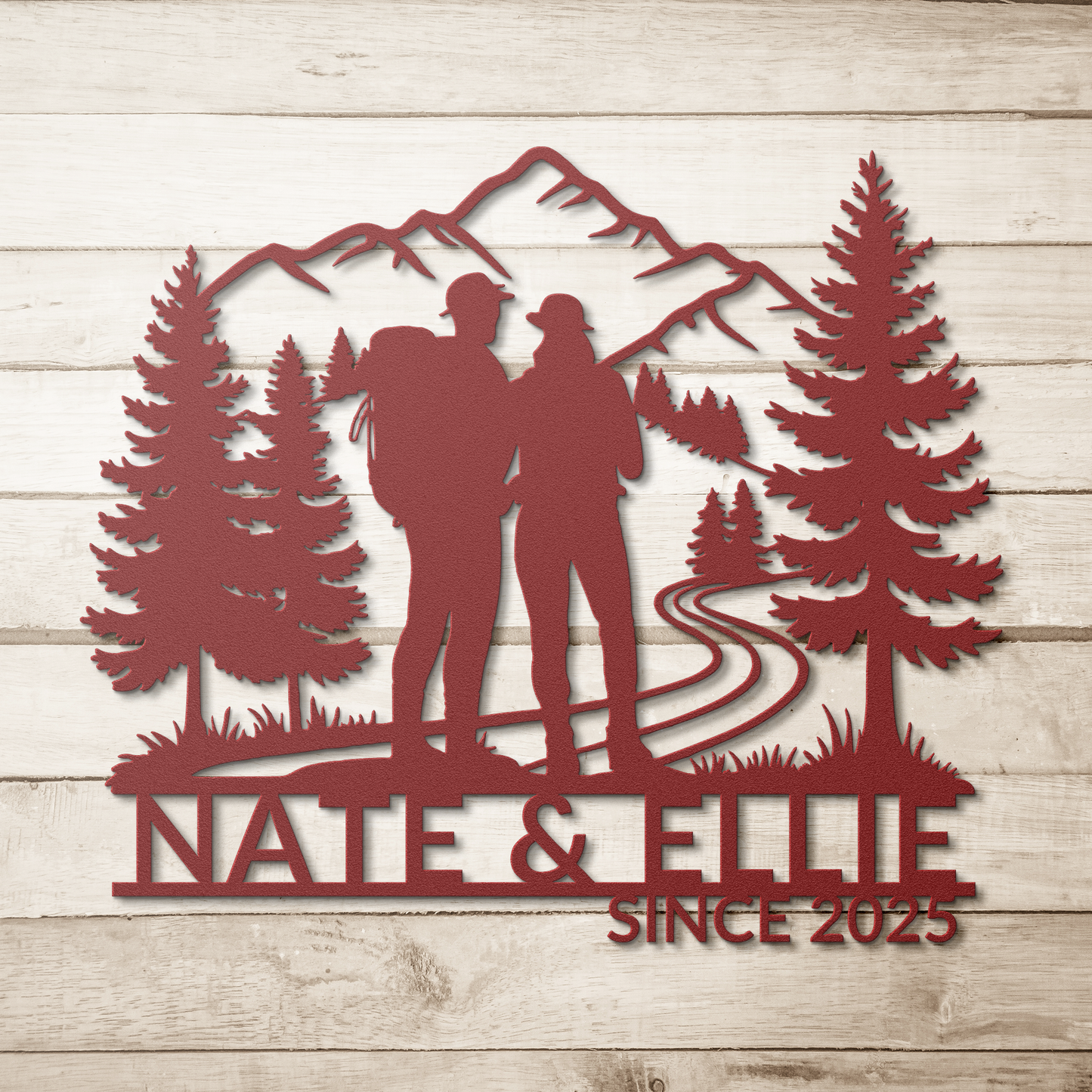Hiking_Couple_Metal_Wall_Art_Red_Simple_Wood_BKGD_Mockup.png