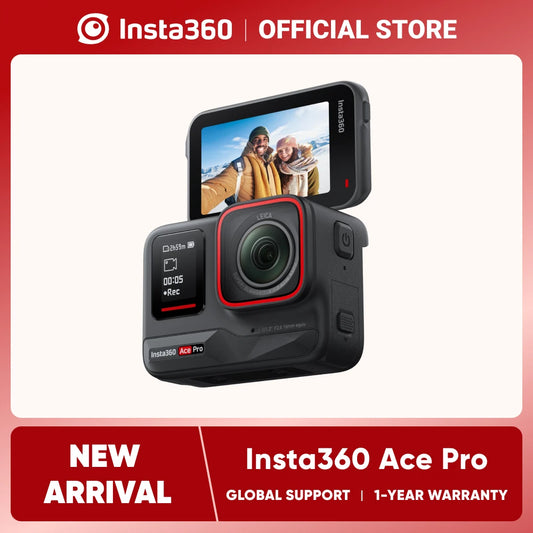 Insta360 Ace Pro - 8K/4K Leica Action Camera exhibited, featuring a smiling couple on the rear screen. The advert promotes new arrival with global support and 1-year warranty.