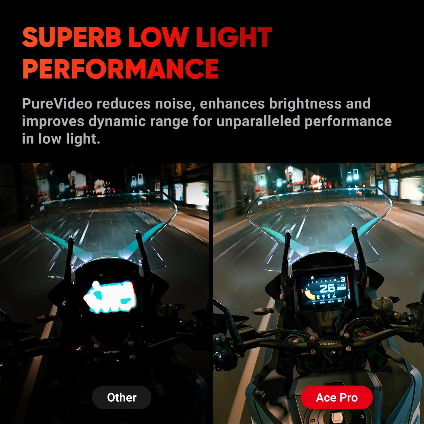 A nighttime comparison of motorcycle dashboards, labeled "Other" and "Insta360 Ace Pro," shows improved brightness and clarity on the "Ace Pro" display.