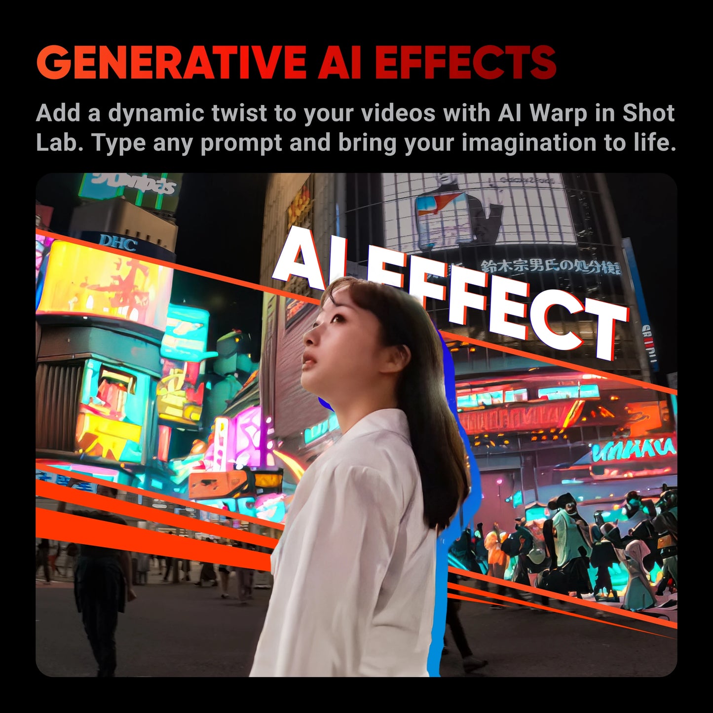 Someone stands in a bustling, colorful cityscape at night with vibrant billboards and neon lights. They capture the moment using the Insta360 Ace Pro - an 8K/4K Leica Action Camera featuring a flagship 1/1.3" sensor, super lowlight performance, waterproof capabilities, and stabilization.
