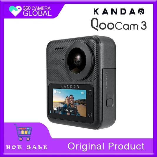 Advertisement for the KanDao QooCam3 panoramic action camera 5.7K HD anti-shake waterproof action camera Vlog skiing diving outdoor motorcycle riding, featuring a large lens and a display screen showing a selfie. Includes "hot sale" and "original product" labels.