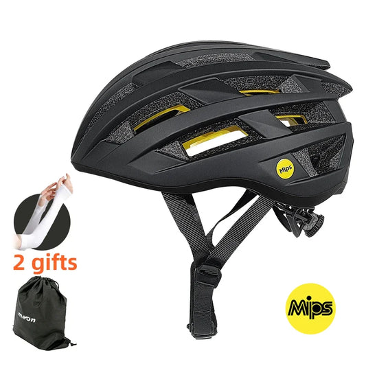 MOON Ultralight MTB Road Bicycle Helmet with MIPS protection system for Men Women Safety Racing Bike Cycling Helmet Anti-Impact Sport Safe, displayed with a carrying bag and wristbands labeled as gifts.
