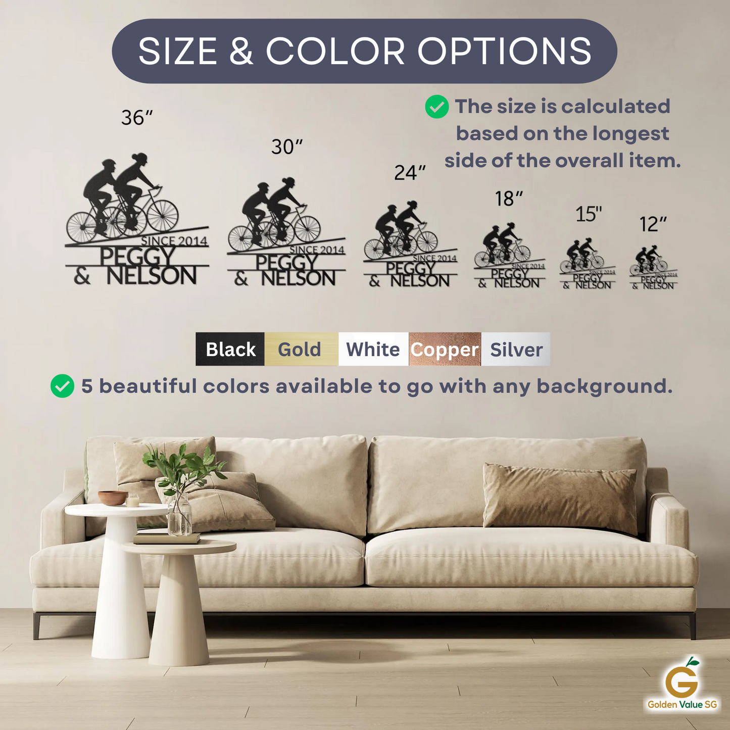 A size and color guide above a beige sofa displays six size options for the Custom Cyclist Couple Metal Sign labeled "PEggy & Nelson," plus five available colors. Plants and decor are arranged on nearby side tables.