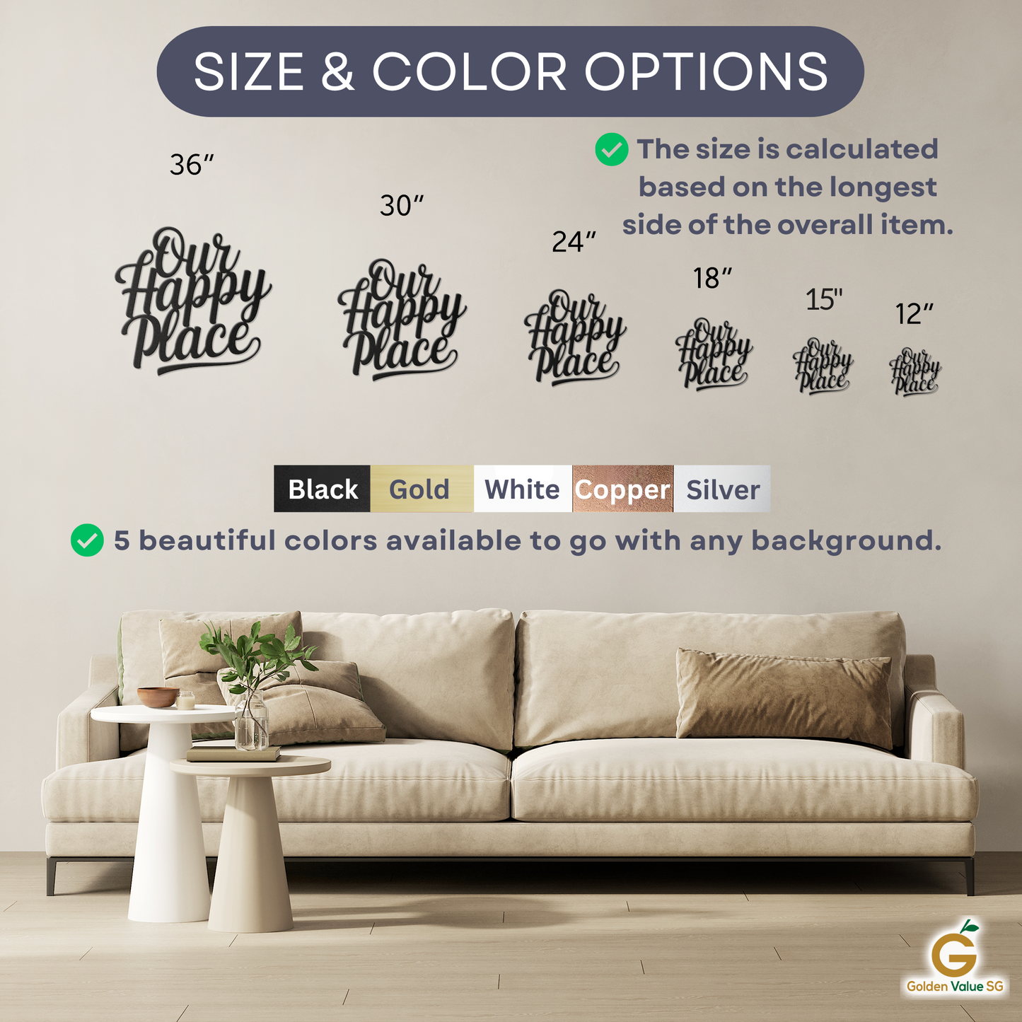 Our Happy Place Metal Wall Art from MEM Design Studio is shown above a beige sofa with plants. Customize it in 36" to 12" sizes and five finishes: black, gold, white, copper, or silver.