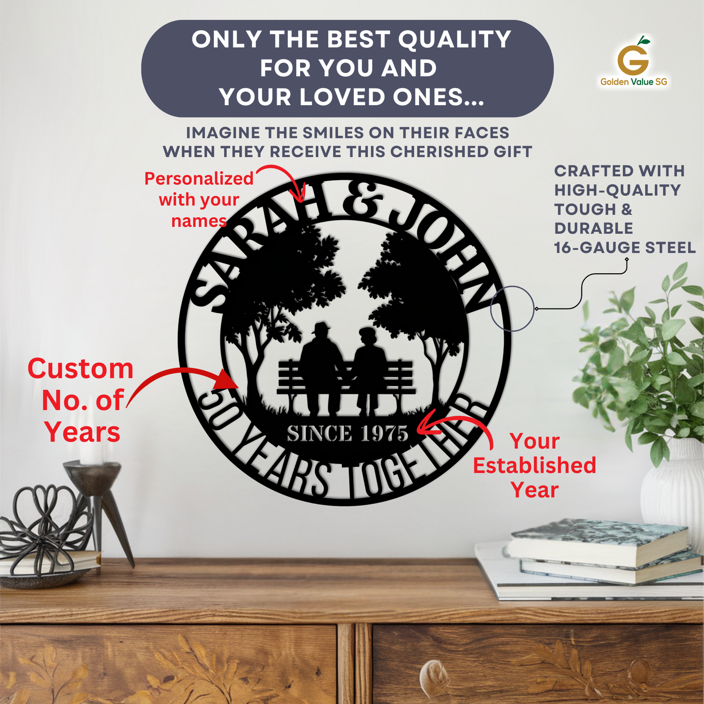 The Personalized 50th Wedding Anniversary Metal Wall Art by MEM Design Studio features two people on a bench with space for names and dates. Made from durable black steel, it's the perfect custom gift and wall decor for loved ones.