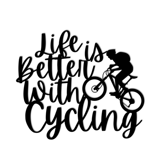 A brick wall with a wooden door, a durable Life Is Better With Cycling Metal Art sign, an exterior light, and a small potted plant with white flowers.