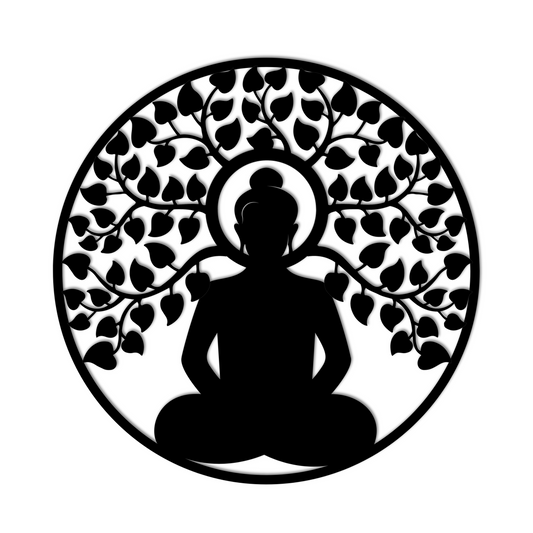 A round, powder-coated black metal sign featuring the Metal Buddha Tree of Life Wall Art depicting Buddha meditating under a tree adding charm to the home decor.