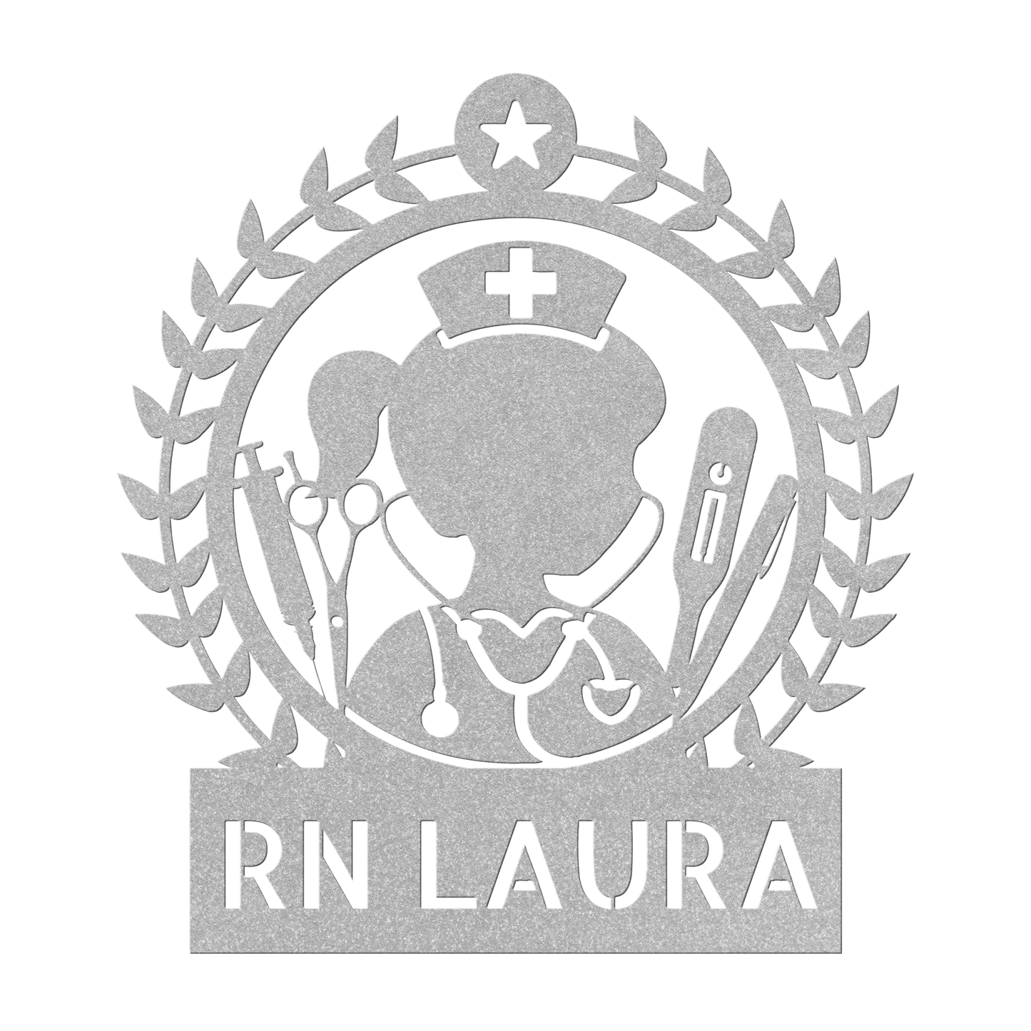 The Nurse Metal Art features a cutout illustration of a nurse with medical tools and the text "RN LAURA," seamlessly integrated into a powder-coated metal sign, perfect for stylish home decor.